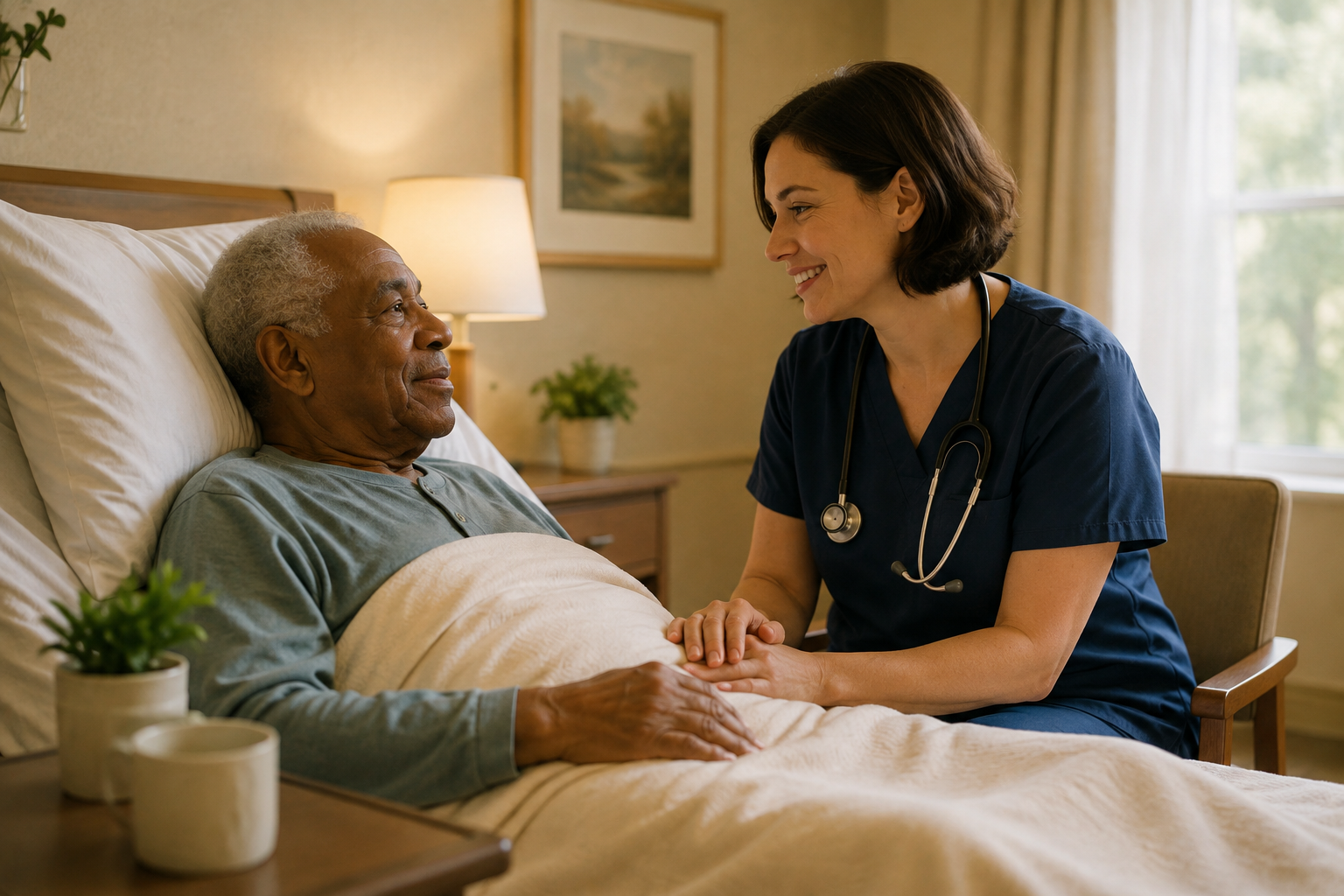 A nurse holding the hand of an elderly man resting in a skilled nursing bed