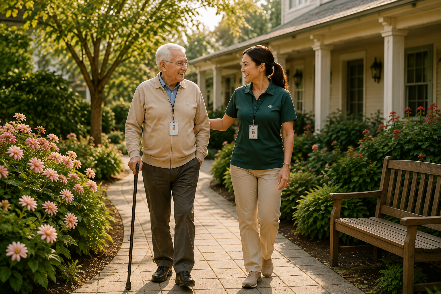 A caregiver walking with an elderly man along a garden path outside an assisted living residence