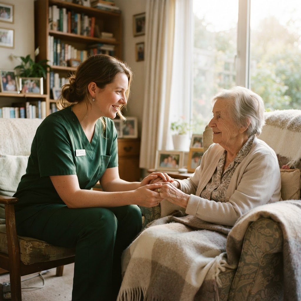 A compassionate hospice clinician holding the hands of an elderly woman in her sunlit home