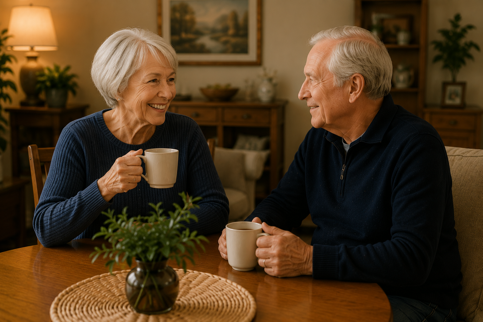 An elderly couple sharing coffee across a wooden dining table in a board and care home