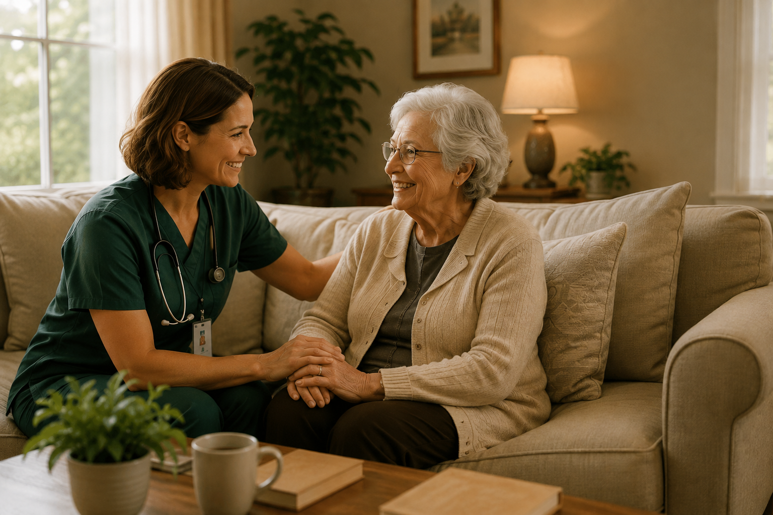 A caregiver in green scrubs holding the hands of an elderly woman on a sofa at home